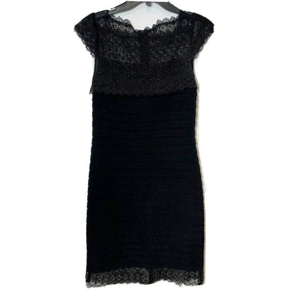 Adrianna Papell Womens Layered Lace Sheath Bodycon Dress Black Sz‎ 6 Cap Sleeve